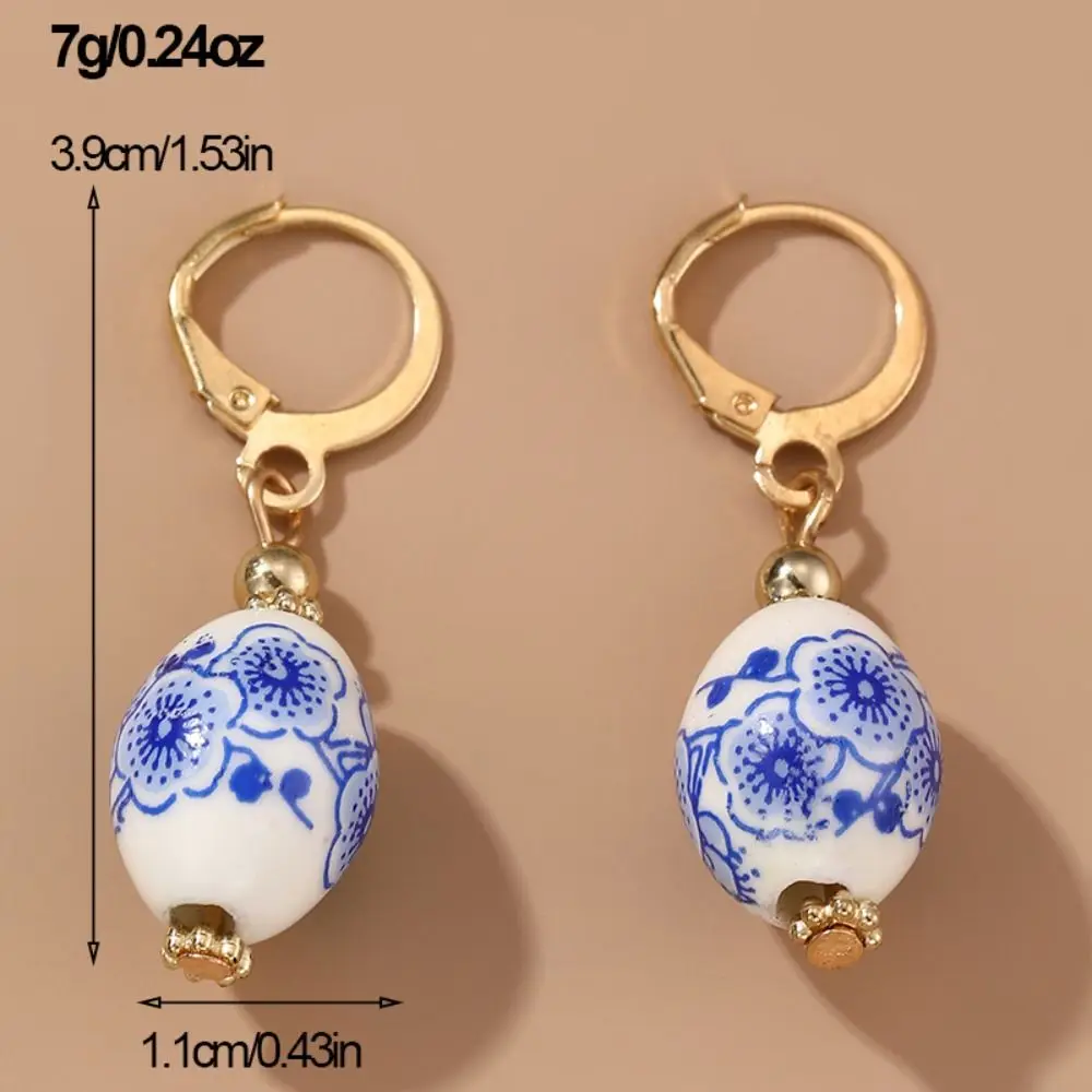 Ceramics Pearl Dangle Earring Handmade Bohemia Earrings Blue and White Porcelain Earrings Alloy