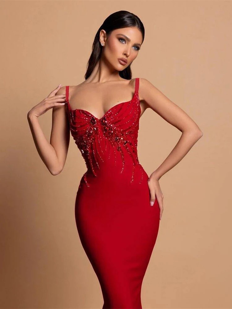 Sexy Spaghetti Strap Beading Bandage Dress Women Black Red Sleeveless V Neck Beaded Long Bodycon Dresses Evening Celebrity Party