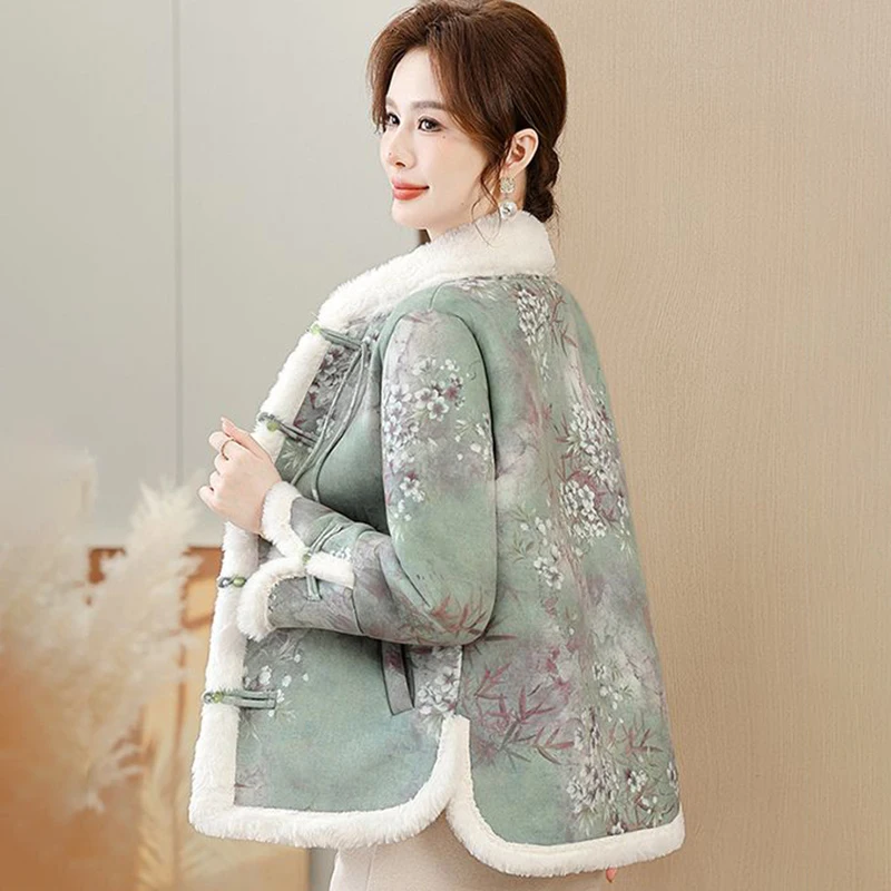 

Новое зимнее пальто на хлопковой подкладке, женское короткое пальто с принтом в национальном стиле, бархатное винтажное пальто на пуговицах, теплое хлопковое пальто