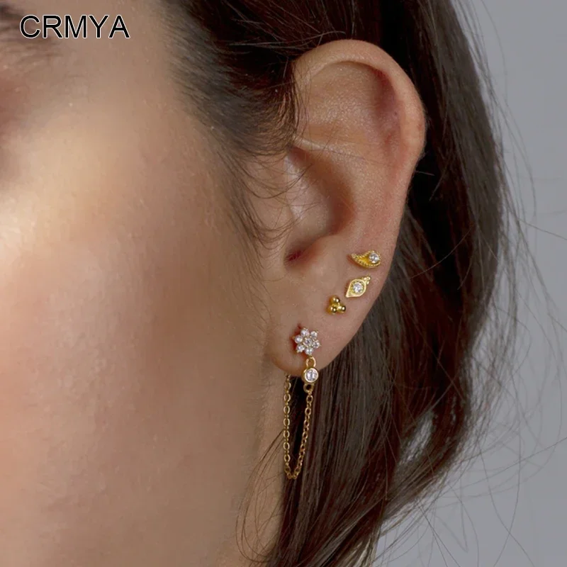 CRMYA Gold color Initial Chain Earrings for Women Vintange Piercing CZ Zircon Stud Earrings Wedding Party Jewelry Wholesale