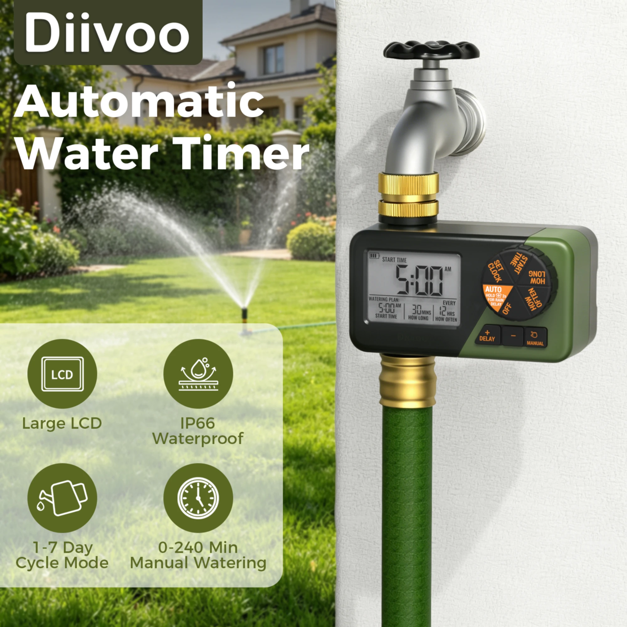 Diivoo Water Timer with Brass Inlet & Outlet Garden Programmable Automatic Irrigation Hose Timer with Rain Delay Manual Watering