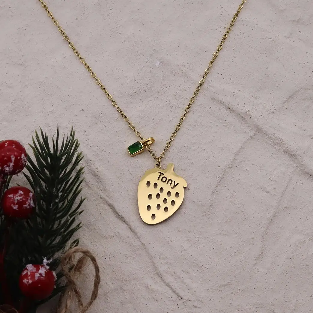 Chandler Custom Name Red Strawberry Pendant Necklace Stainless Steel Zircon Romantic Jewelry For Women Girls