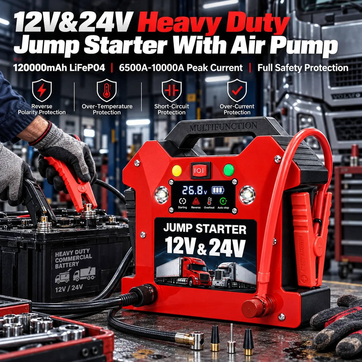 K220 Heavy Duty Jump Starter  12V 24V Dual Cylinder Air Pump 120000mAh LiFePO4 Battery Car Battery Charger Portable Power Source