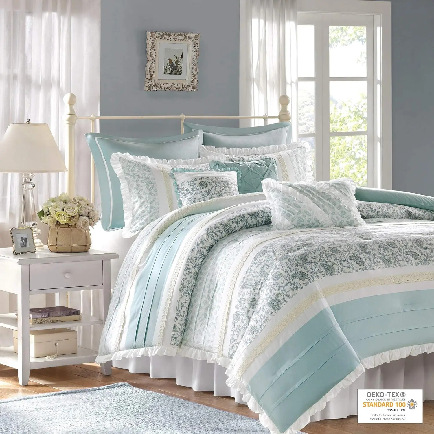 100% Cotton Shabby Chic Comforter Set-Modern Cottage Design All Season Down Alternative Bedding, Matching Sham