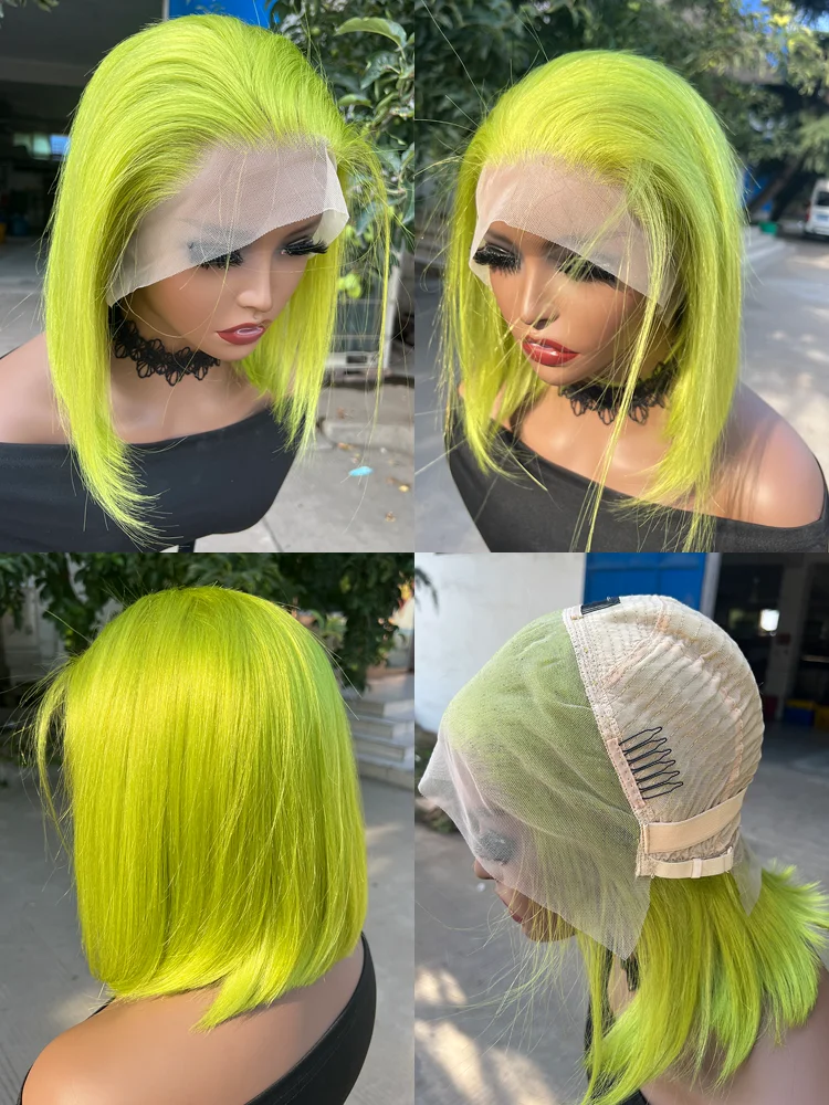 Lime Green Bob Lace Front Perucas, Cabelo Humano, Peruca Curta Reta, Lace Frontal Perucas Coloridas, Rose Neon, 13x4