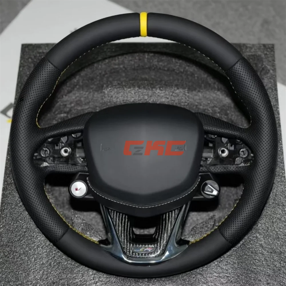 

Customized black Perforated leather yellow strip stitch Steering Wheel for 2022 2023 2024 2025 Cadillac