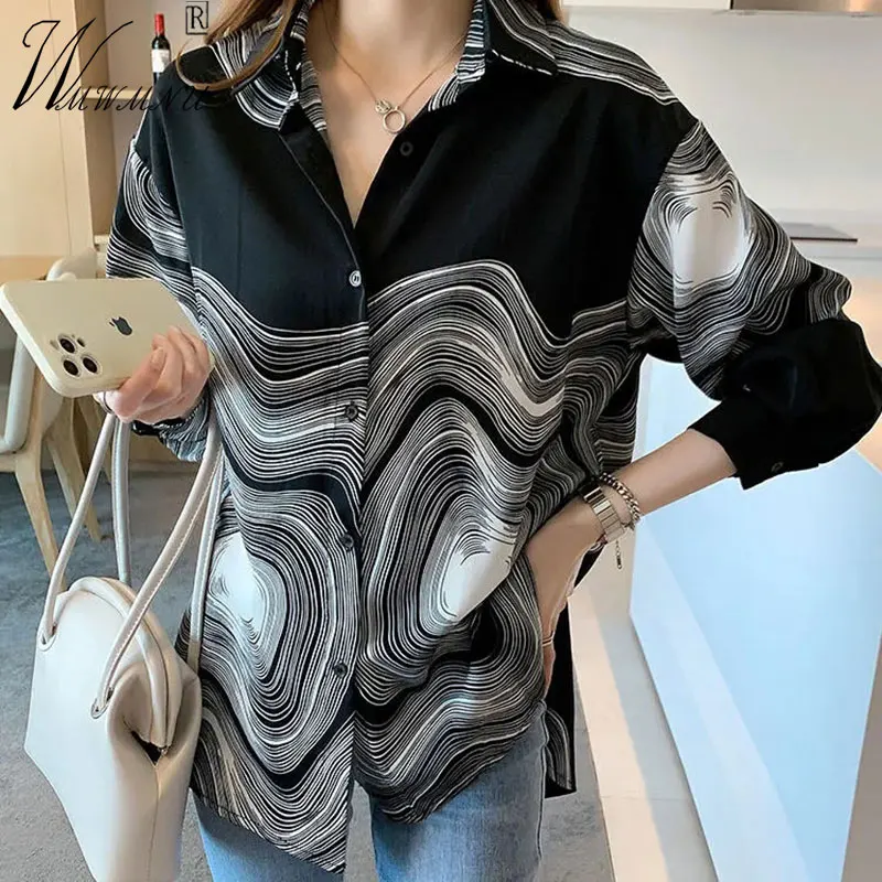 

Fashion Design Print Shirts Women 2023 Summer Casual Chiffon Blouses Oversize Thin Leopard Shirt Lapel Long Sleeve Basic Tops