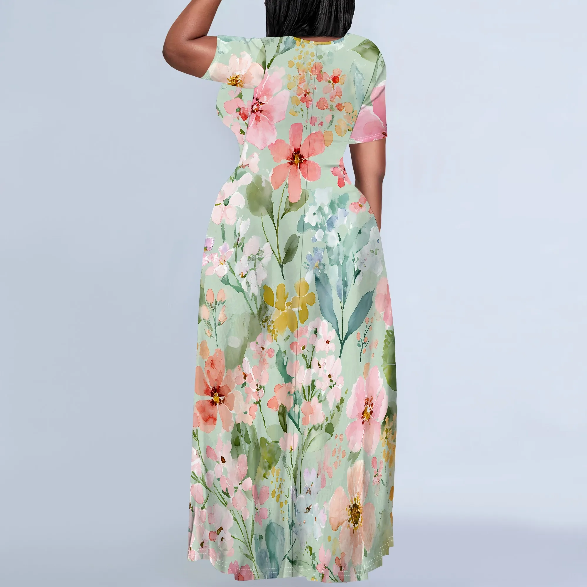 พลัสขนาดพาสเทลดอกไม้แม็กซี่เดรสสีน้ําพิมพ์ลําลองแขนสั้นสไตล์ Boho