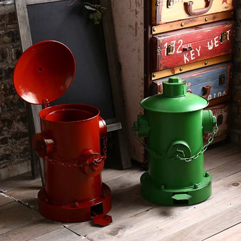 Creative Retro Fire Hydrant Foot Pedal Trash Iron Waste Basket Two-Layer Removable Trash Can Living Room Lobby Ornaments Large