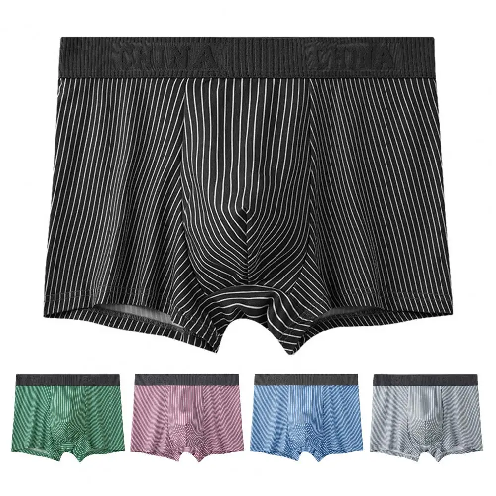 Basic Design Men Underwear Men's Mid-rise U-convex Boxer Briefs with Patchwork Color Stripes Elastic Design for Everyday