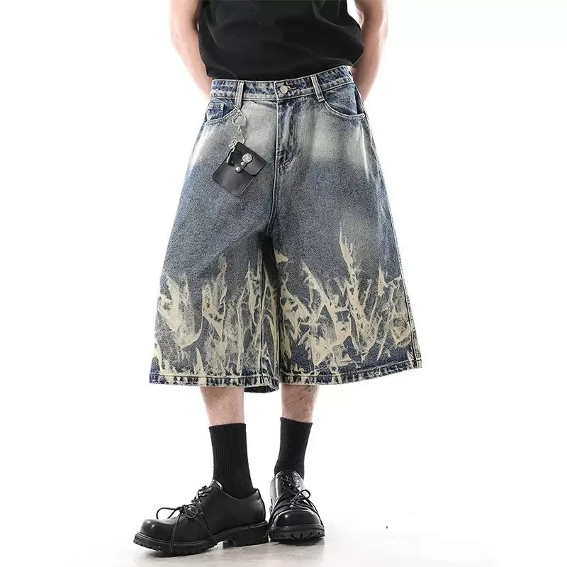 Men's American Retro Washed Tie Dye Flame Design Denim Shorts Fashion Loose Casual Straight Cut Seven Eighth Length