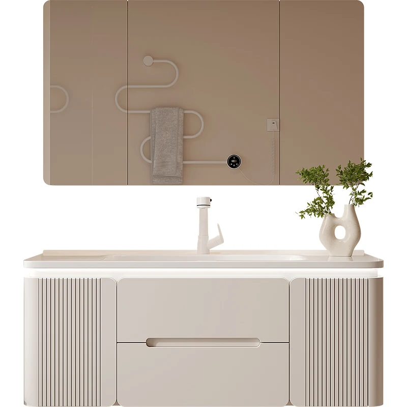 Custom Cream Style Bathroom Washbasin Cabinet Combination Integrated Basin Washbasin Lacquered Door Bathroom Cabinet