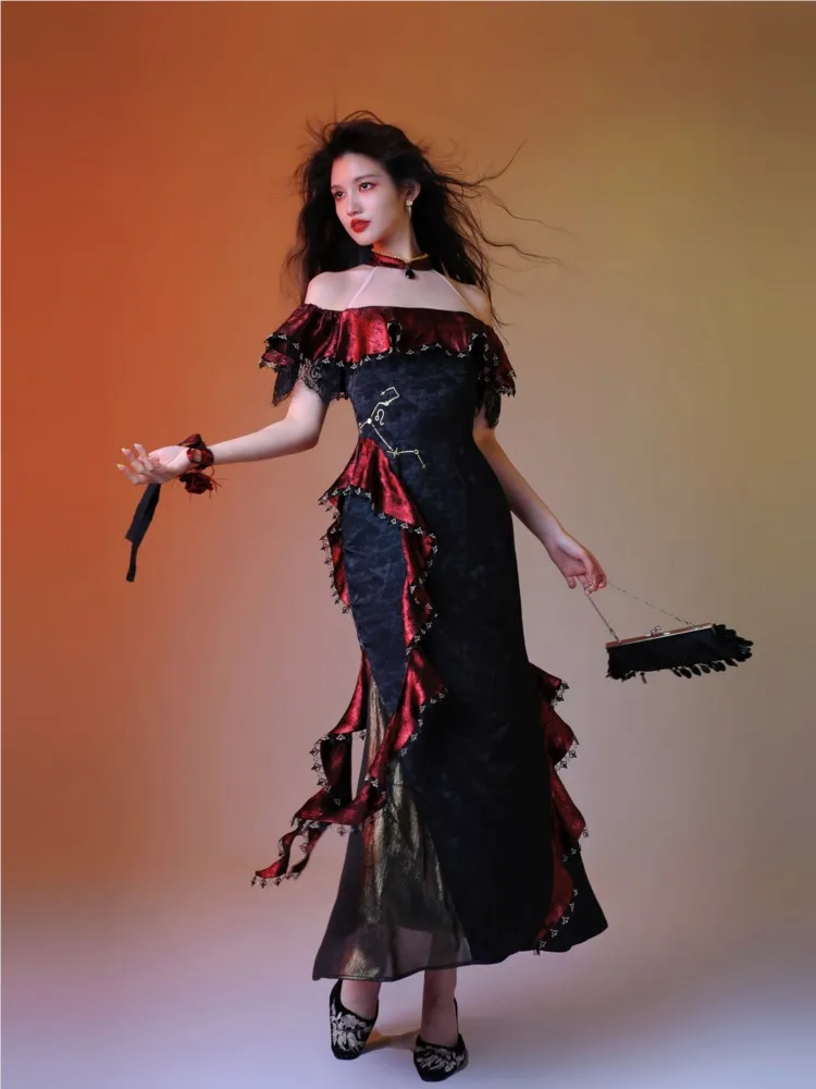 

One-shoulder date new Chinese-style fishtail long cheongsam dress
