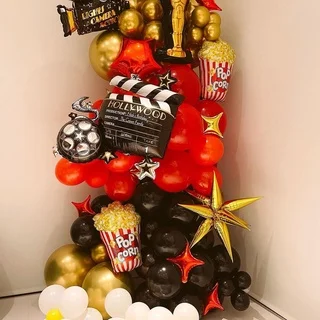 Camera Movie Popcorn Microphone Balloon for Night Party Decor, Retro Happy Birthday Banner, Garland Supply