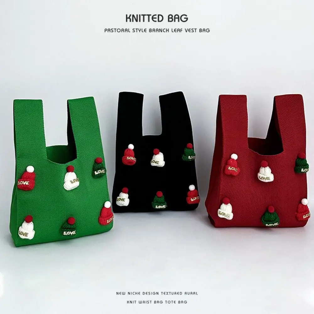 

Fashion Christmas Hat Knot Wrist Bag Wool Printed Tote Bag Weave Handbag Festival Gift Bag Shopping Bags