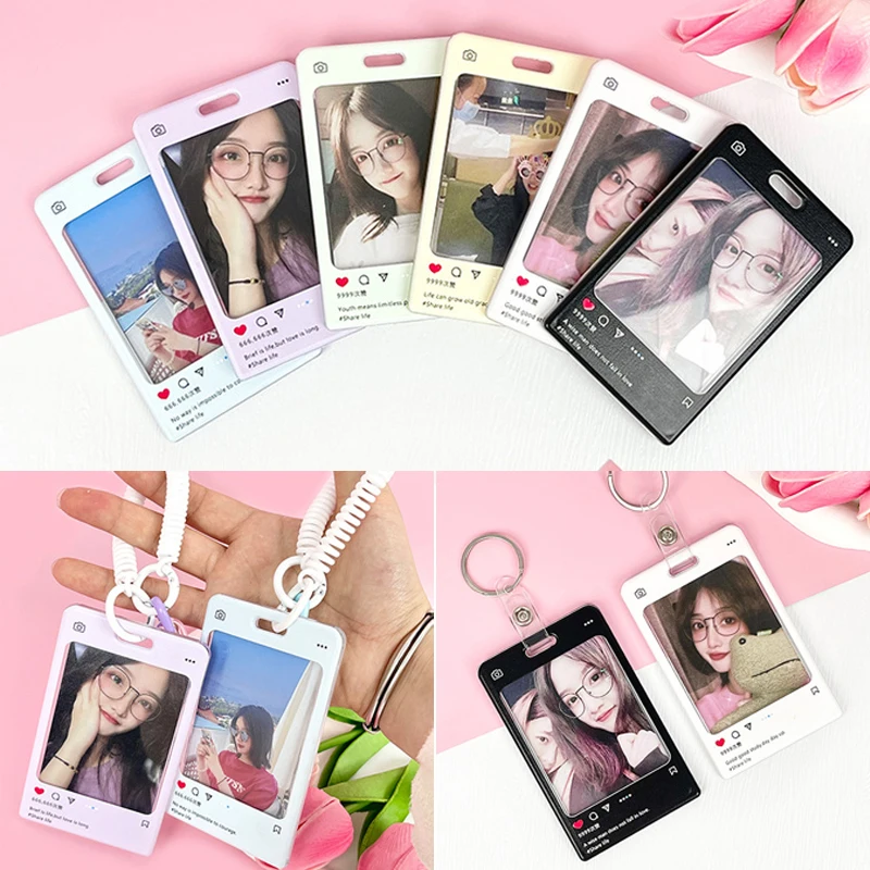 INS 3Inch Photocard Holder Acrylic Keychain Photo Card Protective Cover ID Student Cards Case Anti-loss Rope Photo Sleeves