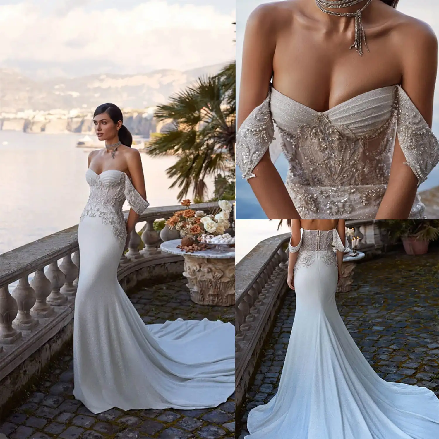 

Sexy Mermaid Wedding Dress Beaded Sequins Off Shoulder Bride Gowns Pearls Appliques Sleeveless Bridal Dresses