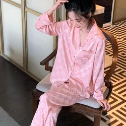 Pink Checkerboard Jacquard Women's 2pc Pajamas French Romantic Harajuku Lady Nightgown 2024 New Summer Korean Fashion Sleepwear