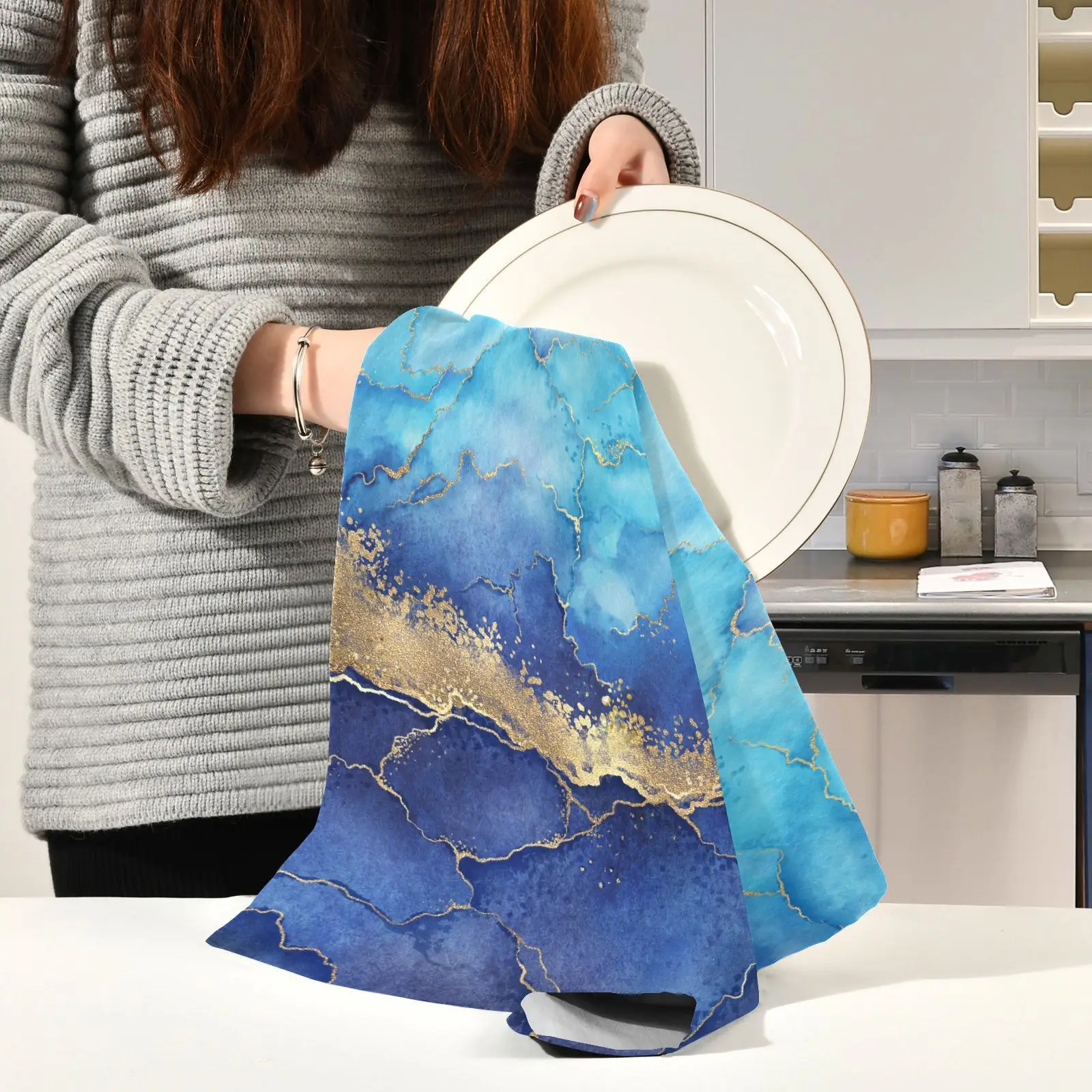 

Abstract Blue Marble Gold Foil Print Kitchen Cleaning Cloth Dish Towel Soft Super Absorbent Dishcloth Rag 4 PCS/Set Hand Towel