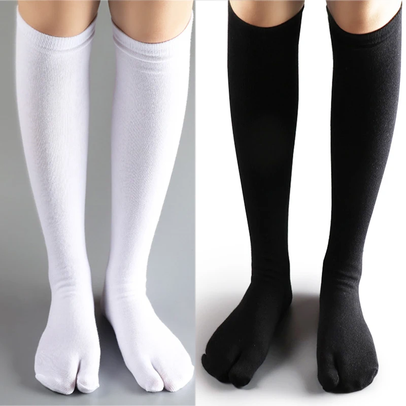 

3 Pairs Long Tabi Two Toe Socks Cotton Solid Black White Calf Socks Japanese Anime Kimono Clogs Stockings for Women Men No Heel