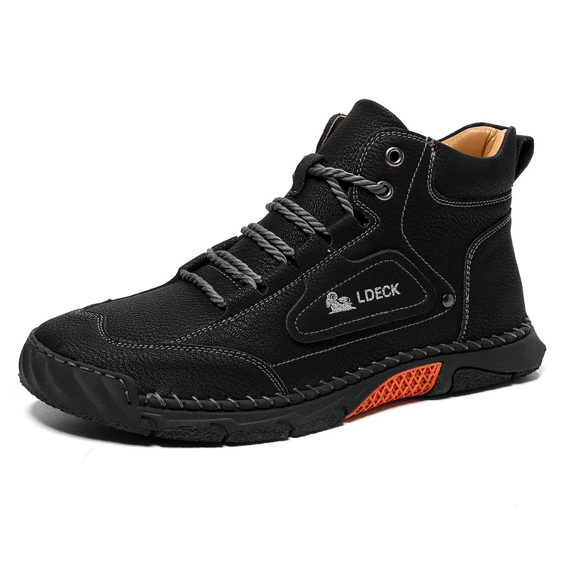 Cross-Border Large Size Men’s Hand Stitched Leather Ankle Boots, Lace-Up Flat Sole High Top Outdoor Fashion Casual Walking Shoes