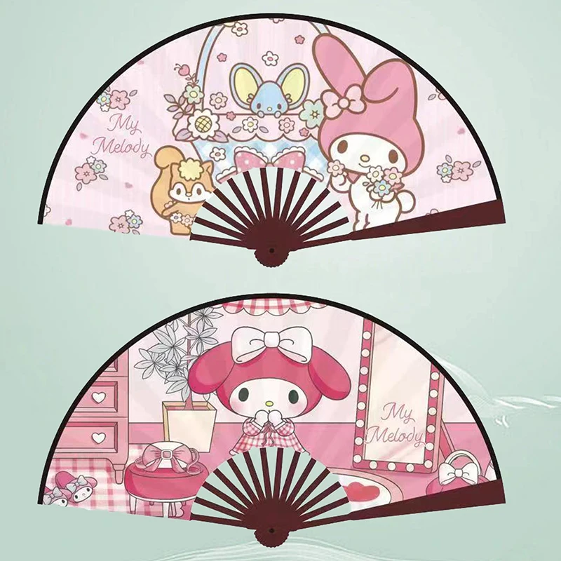 MINISO Cartoon Folding Fan Kuromi My Melody Cinnamoroll Folding Fan Portable Silk Fan Wooden Shank Summer Hand Fans