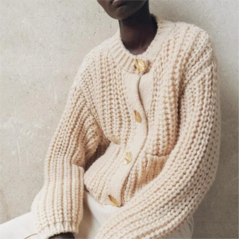 

Autumn Winter New Women's Solid Color Coarse Needle Pocket Single Row Button Knit Cardigan Long Sleeved Sweater Jacket 가디건