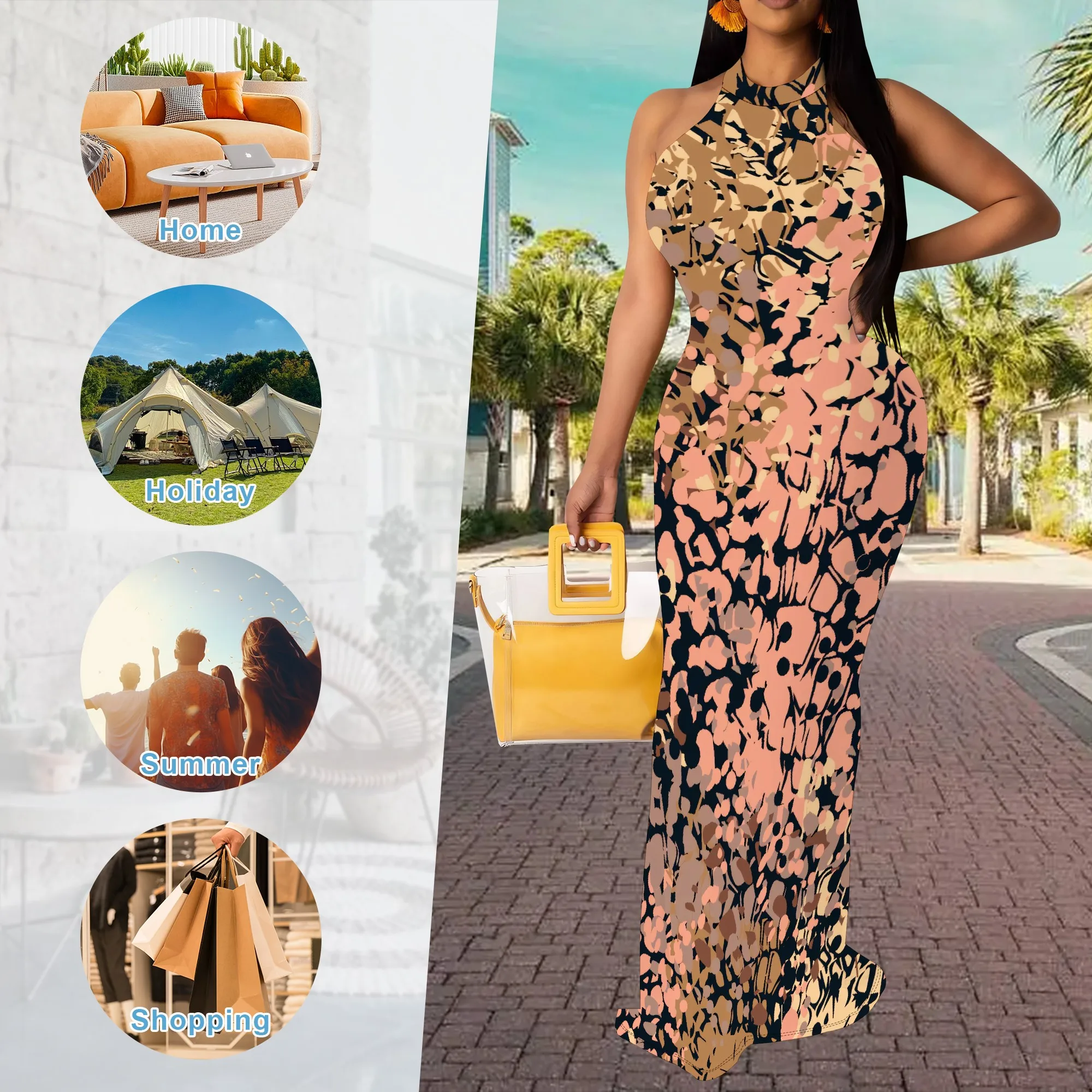 EQQZD ชุดเดรสคอตั้งสีดำสำหรับผู้หญิง ชุดเดรสคัตเอาท์ด้านหลัง โพลีเอสเตอร์ ชุดราตรีฤดูใบไม้ร่วงหรูหรา