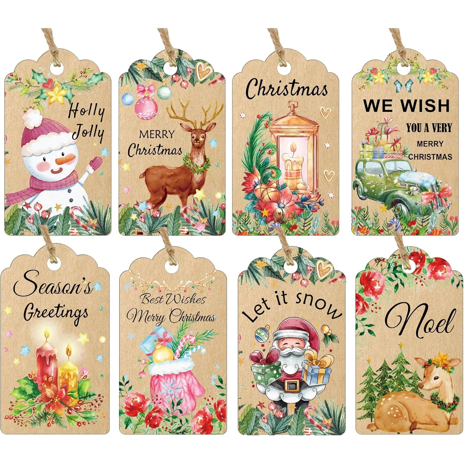 Christmas Paper Gift Tags Holiday Hang Name Tags Label with String 64 Pcs Christmas Santa Claus and Tree Card 2 * 3.5 Inch