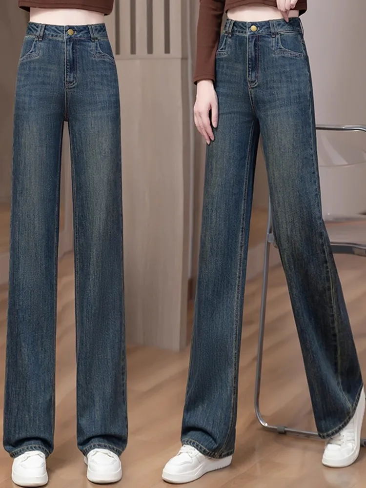 

Loose Fleece Lined Wide Leg Jeans for Women High Waist Straight Cut Trousers Spring Autumn Casual Style Pocket Detail