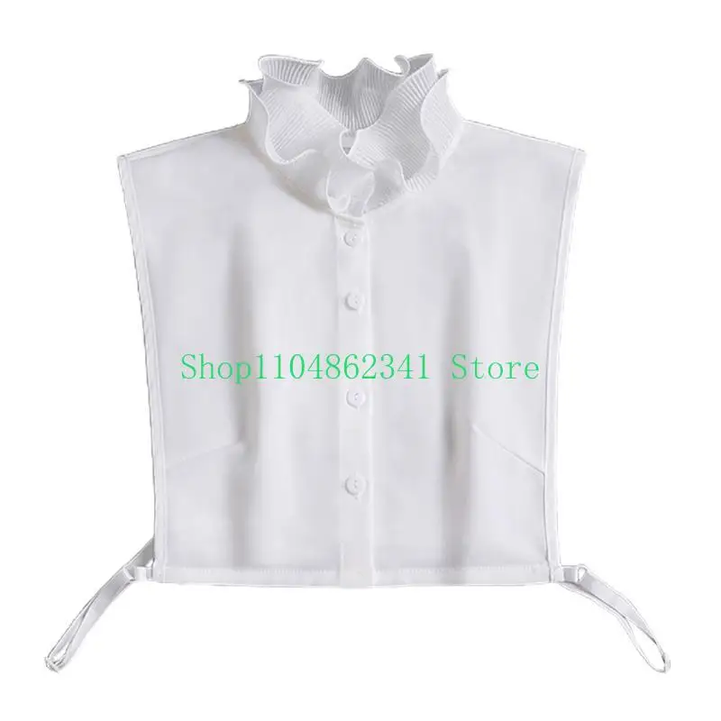 652F Korean Women 2 Pieces Layered Ruffled Stand False Collar with Fake Sleeves Wristband Set Button Down Detachable Half Shirt