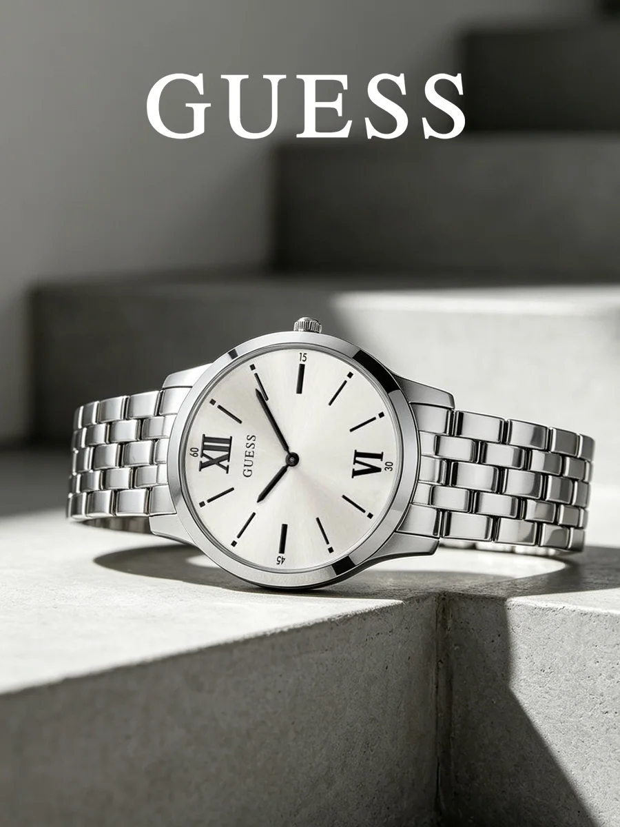 Guess Men’s Analog Watch, Silver Stainless Steel Bracelet Roman Dial W1072G1