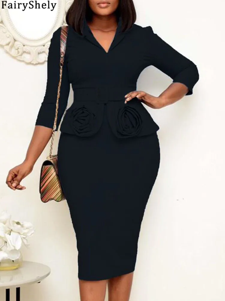 FairyShely 2025 Sexy Spring Solid Plus Size Dress Women Long Sleeve Large Big Dresses Lady Autumn Party Tight V Neck Curvy Dress