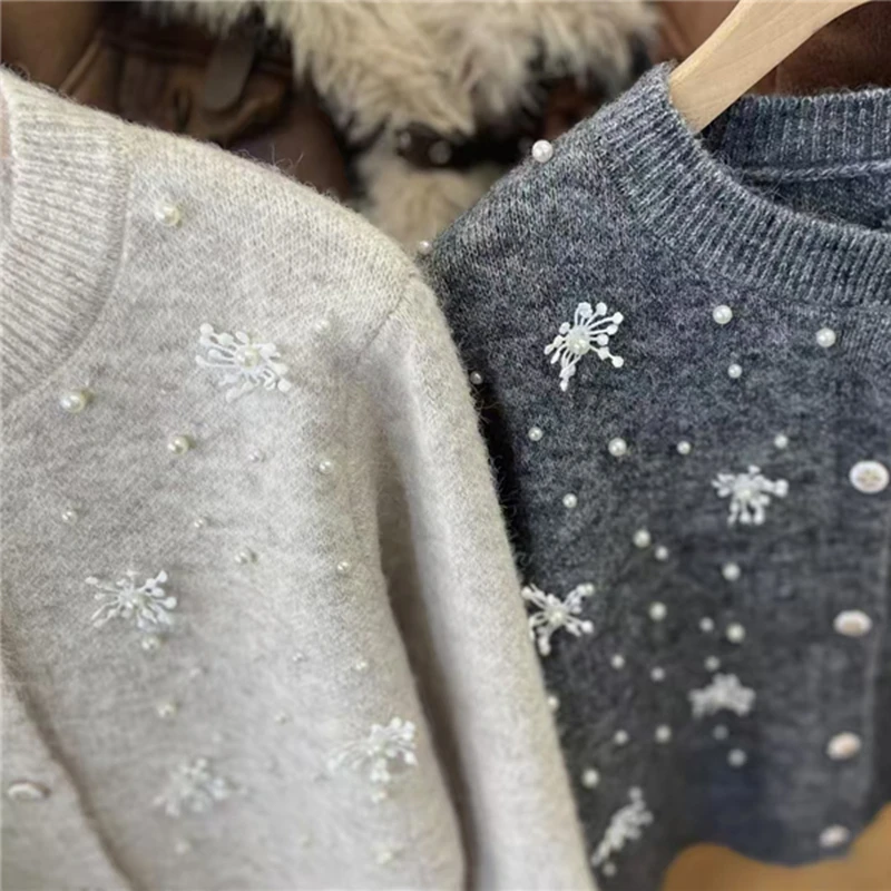 Cardigan perlé flocon de neige français pour femme, pull femme, col rond, tricots polyvalents, haut de veste, vêtements d'automne, nouveau