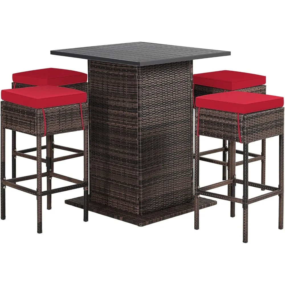 5-Piece Outdoor Bar Set, Wicker Rattan Bar Height Patio Set w/4 Cushion Bar Stools & Table with Hidden Storage