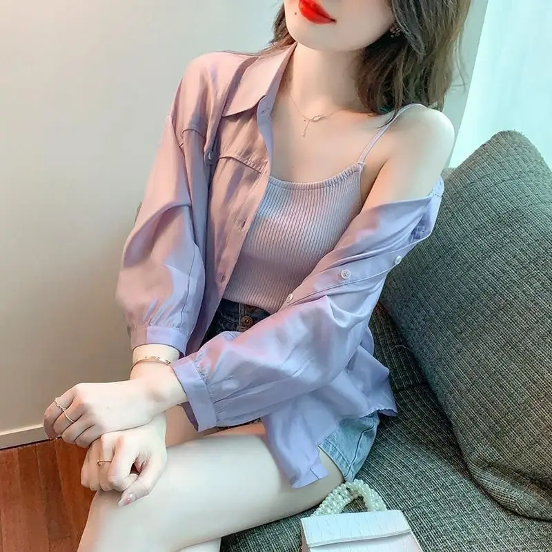 Spring and Autumn Women's Solid Color POLO Neck Button Mid Length Loose Sleeve Shirt Fashion Casual Elegant Commuter Tops