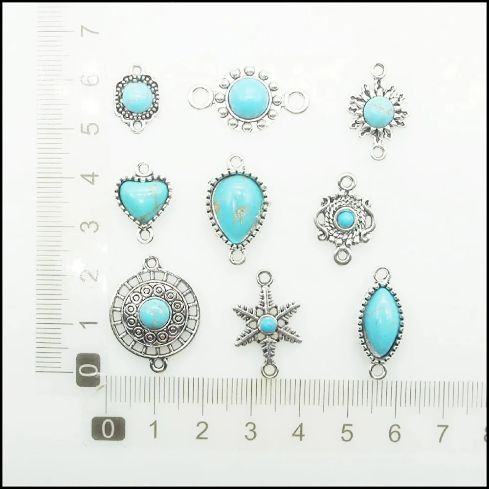 New Retro Heart Oval Flower Star Crown Teardrop Charms Antiqued Silver Plated Turquoise Connectors For Gifts Jewelry view 3
