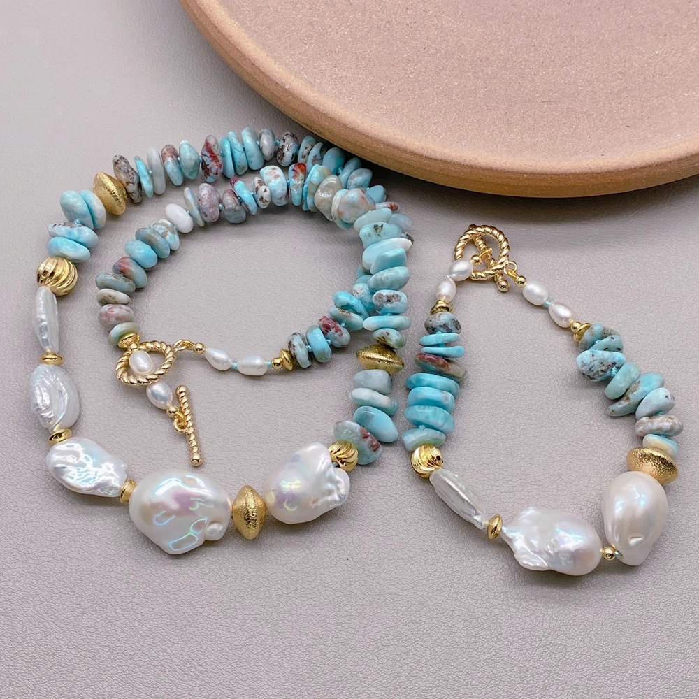 

Y·YING natural rondelle Blue Larimar WhiteNucleated Flameball Baroque Pearl Keshi Pearl Bracelet Necklace Set Jewelry