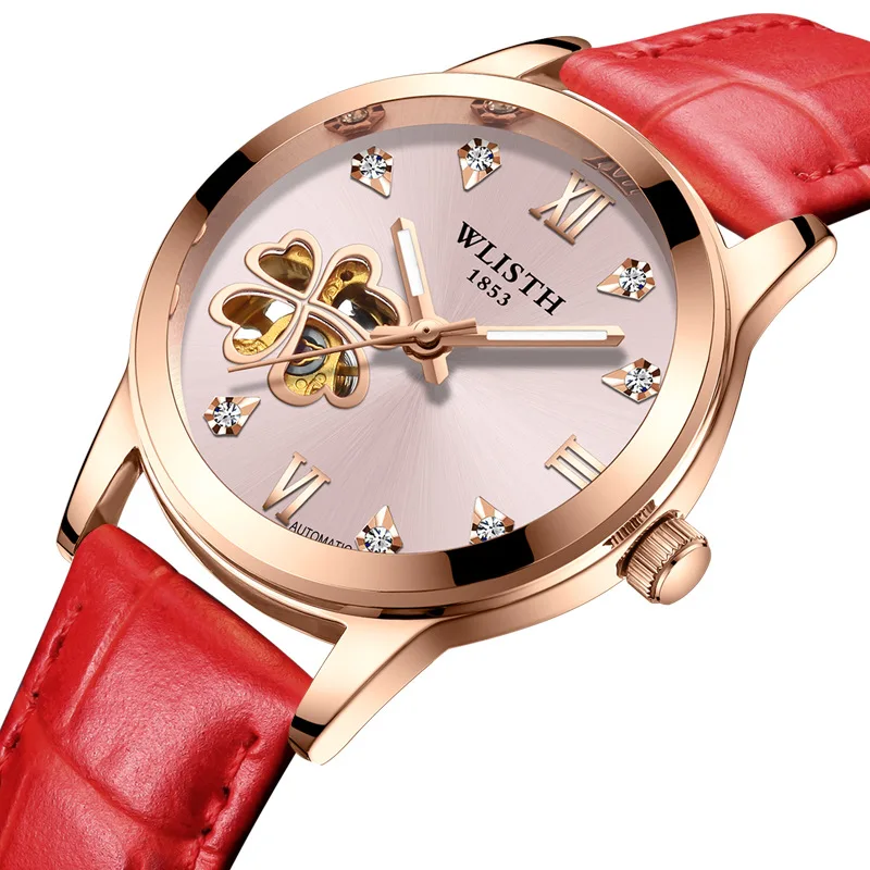 Women Automatic Mechanical Watches Diamond Four-leaf Clover WristWatches Ladies Leather Pink Watch Waterproof Senhoras Assistir