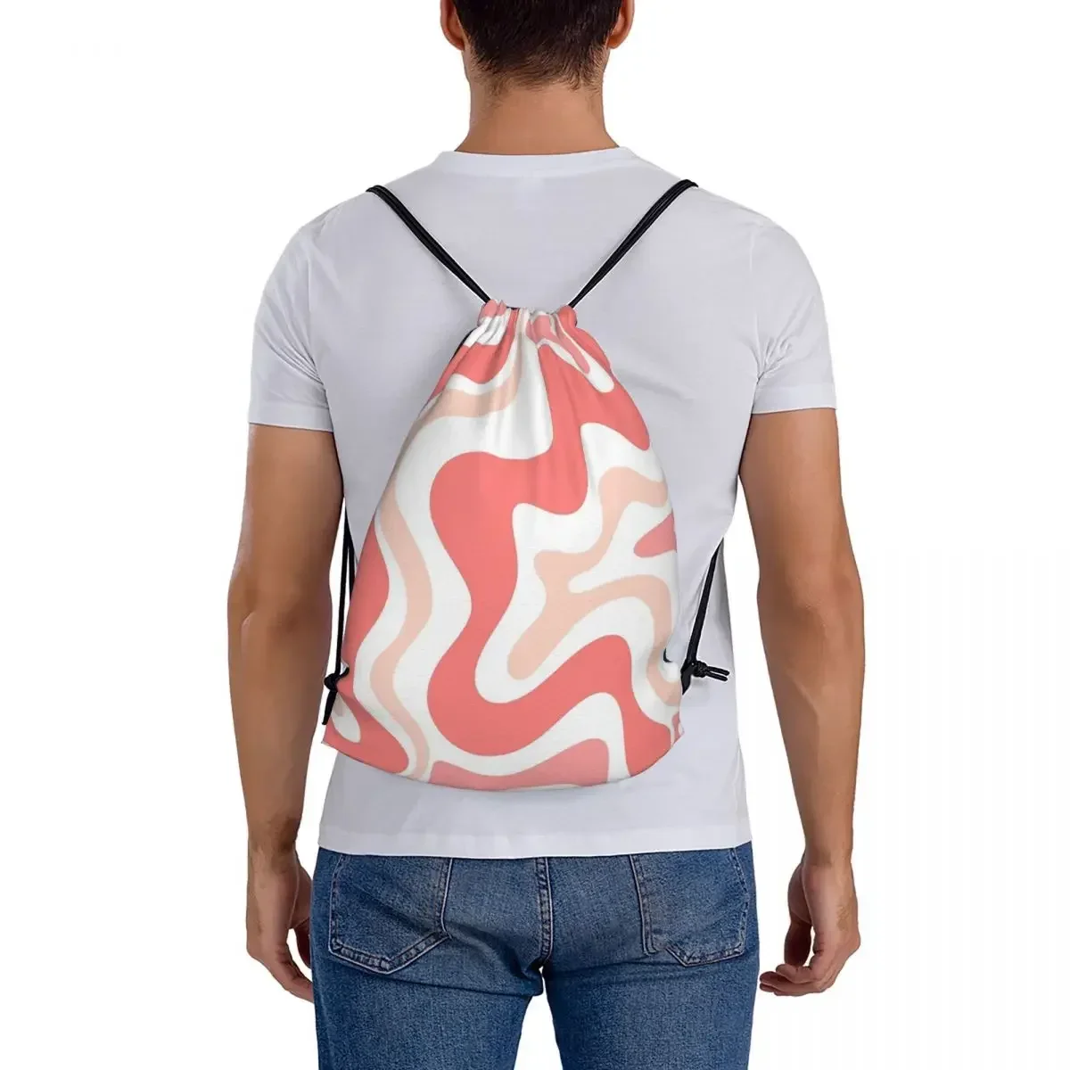 Liquid Swirl Retro Abstract In Blush Pink Tones On White Backpacks Drawstring Bags Drawstring Bundle Pocket Sundries Book Bags