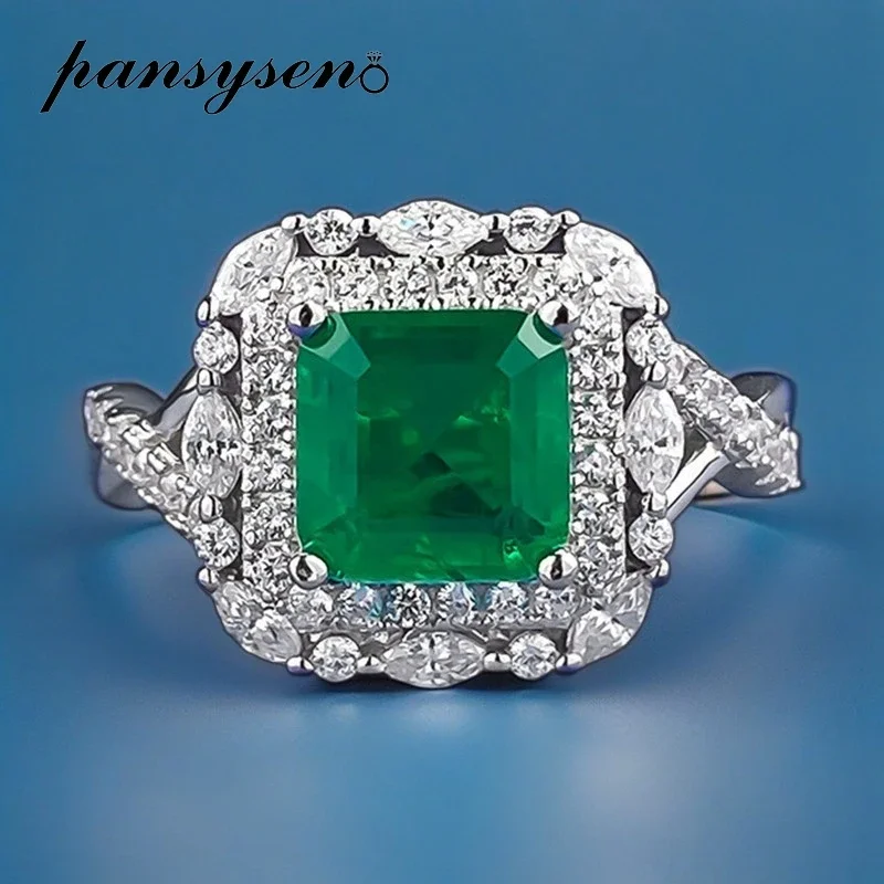 

PANSYSEN Vintage Solid 925 Sterling Silver 7*7MM Emerald Gemstone Rings for Women Man Anniversary Party Fine Jewelry Wholesale