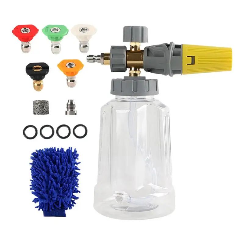 

Foam Sprayer Car Wash Wide Base Heavy Duty Foam Sprayer Transparent Body 1 Liter Soap Bottle Adjustable Nozzle With 1/4 Inch