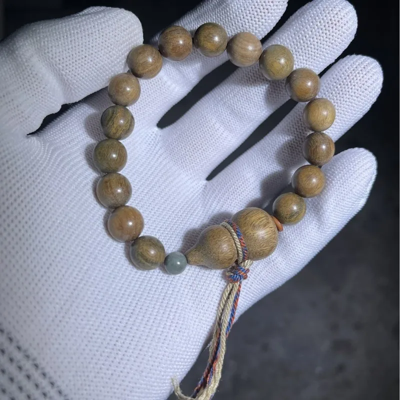 Green Sandalwood Single-Loop 1.0mm Beads DIY with Matching Gourd Accessories, Unisex Buddhist Bead Bracelet