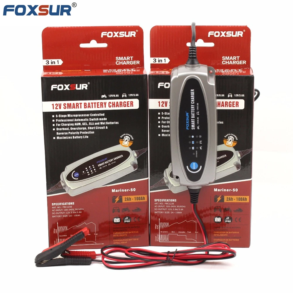 

FOXSUR 12V 0.8A & 3.6A Fully Automatic Motorcycle Car Scooter Dry wet Lead Battery Charger Intelligent Pulse Repair Charger