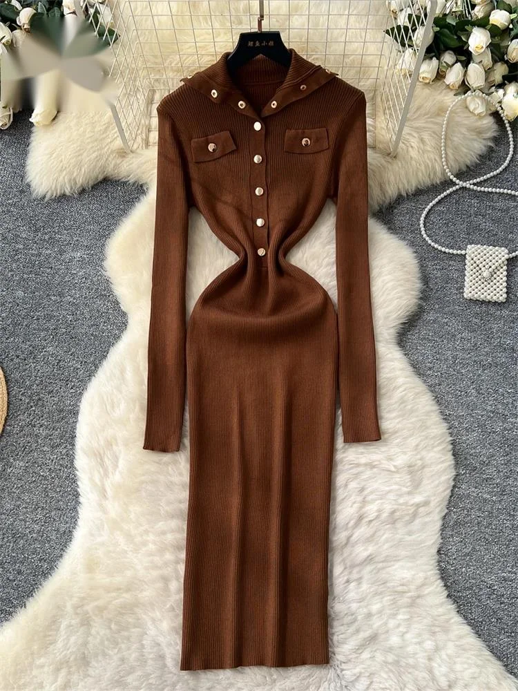 

Fashion Elegant Knit Long Dress Women Lapel Neck Metal Buttons Chic High Quality Autumn Office Lady Slim Sweater Dress