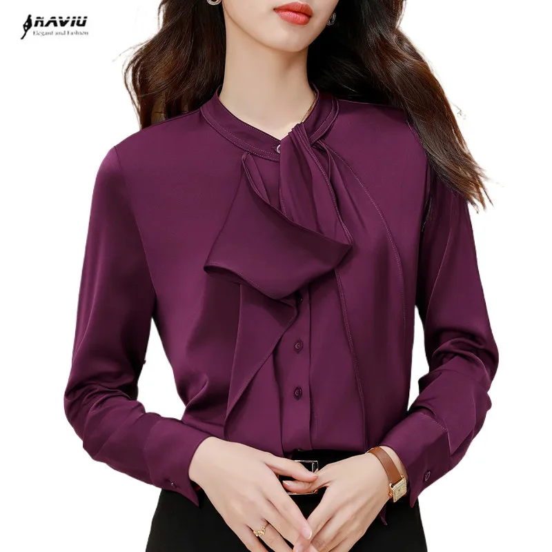 NAVIU Chic Fashion Bibbon Design Long Sleeve Blouses Women Elegant Office Lady Chiffon Shirts Basic Tops Blusas Mujer De Moda