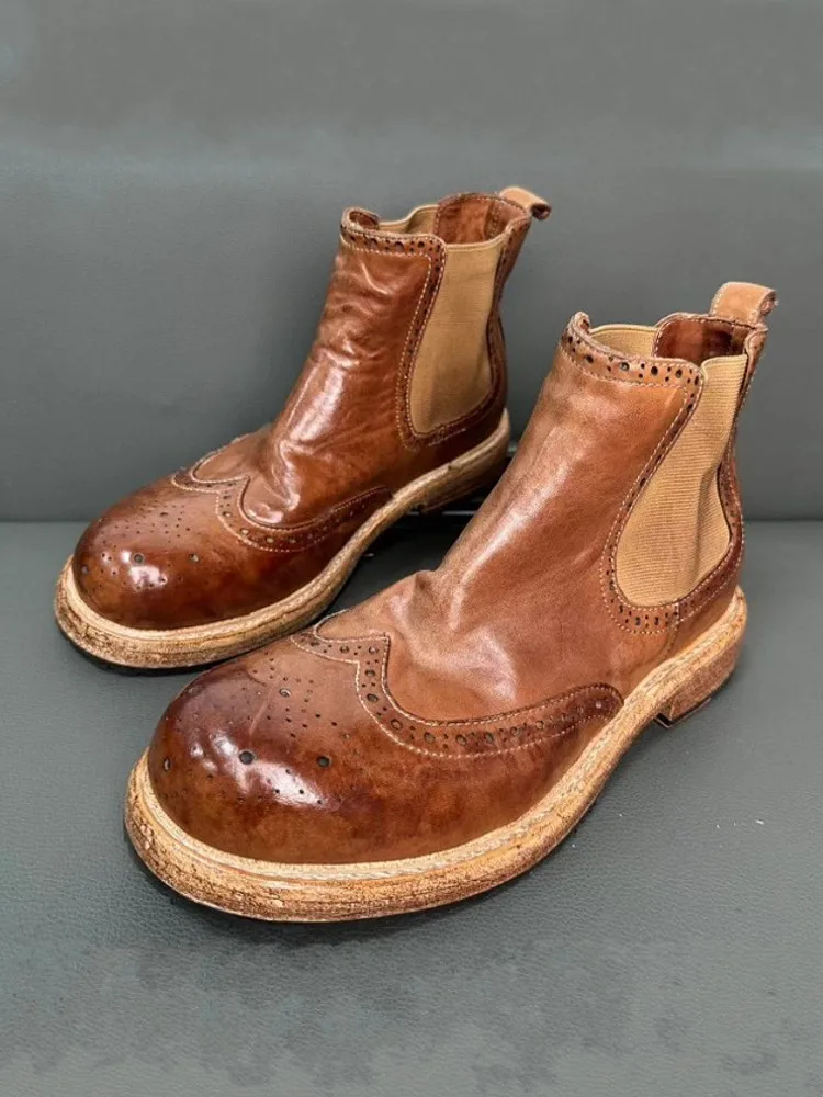 Retro Mens Fashion Business Work Chelsea Boots Thick Platform Slip On Cowhide Genuine Leather Ankle Boots Versatile Male Shoes