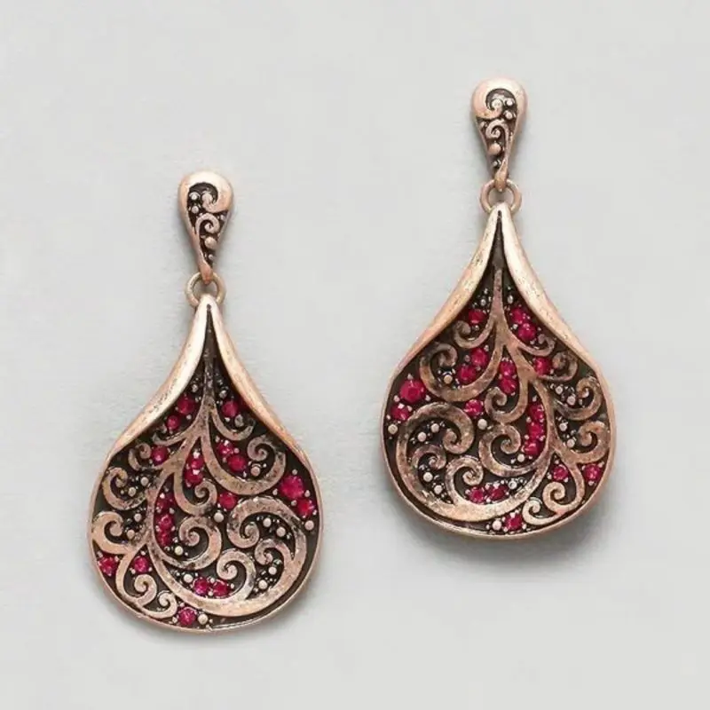 Vintage Scroll Filigree Teardrop Inlaid Synthetic Gem Two-Tier Drop Earrings For Women, Ideal For Banquet & Party