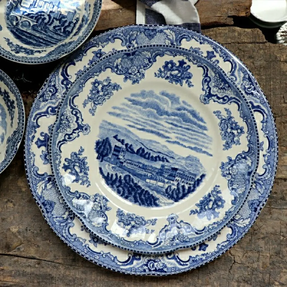 Ceramic Vintage European Blue Castle Steak  Flat  Soup Plate Bread Plate