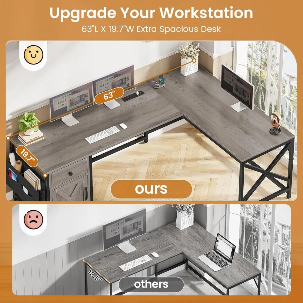 مكتب على شكل حرف L مقاس 63 بوصة على طراز المزرعة مع درج ومخرج طاقة وخزانة تخزين لإعداد مكتب الزاوية